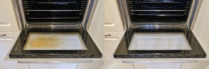 Before and after Image of an oven door after grease removal